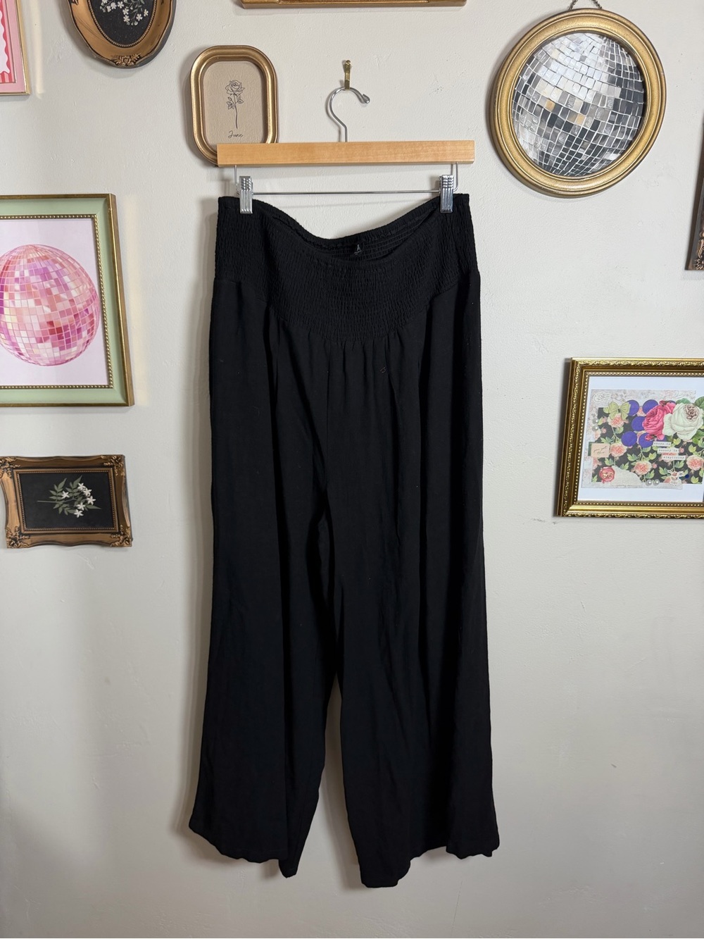 Smocked High-Rise Black Wide-Leg Pants